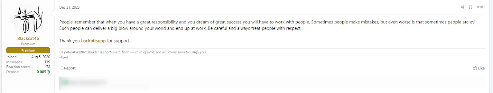 Fig. 6. First message in a series of forum comments between ALPHV and LockBit