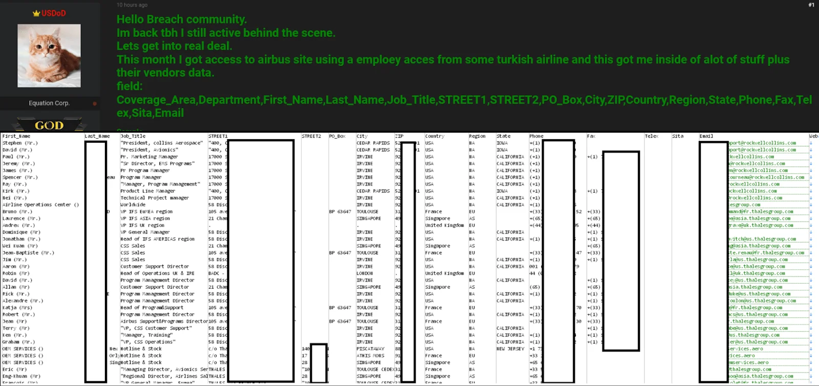 Figure 6 – Announcement of stolen data in a hacker forum regarding latest Airbus incident