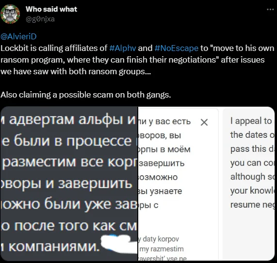 Fig. 8. A tweet about LockBit’s call to ALPHV and NoEscape affiliates (Source: X)
