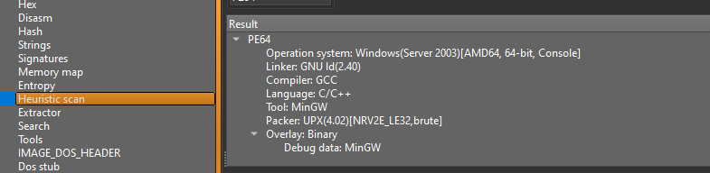 Fig. 3. Detect It Easy output showing that Cactus ransomware is developed in C/C++