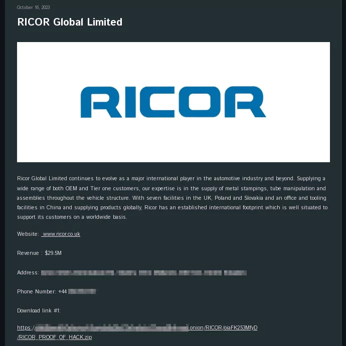 Fig. 12. RICOR’s victim post of Cactus Ransomware