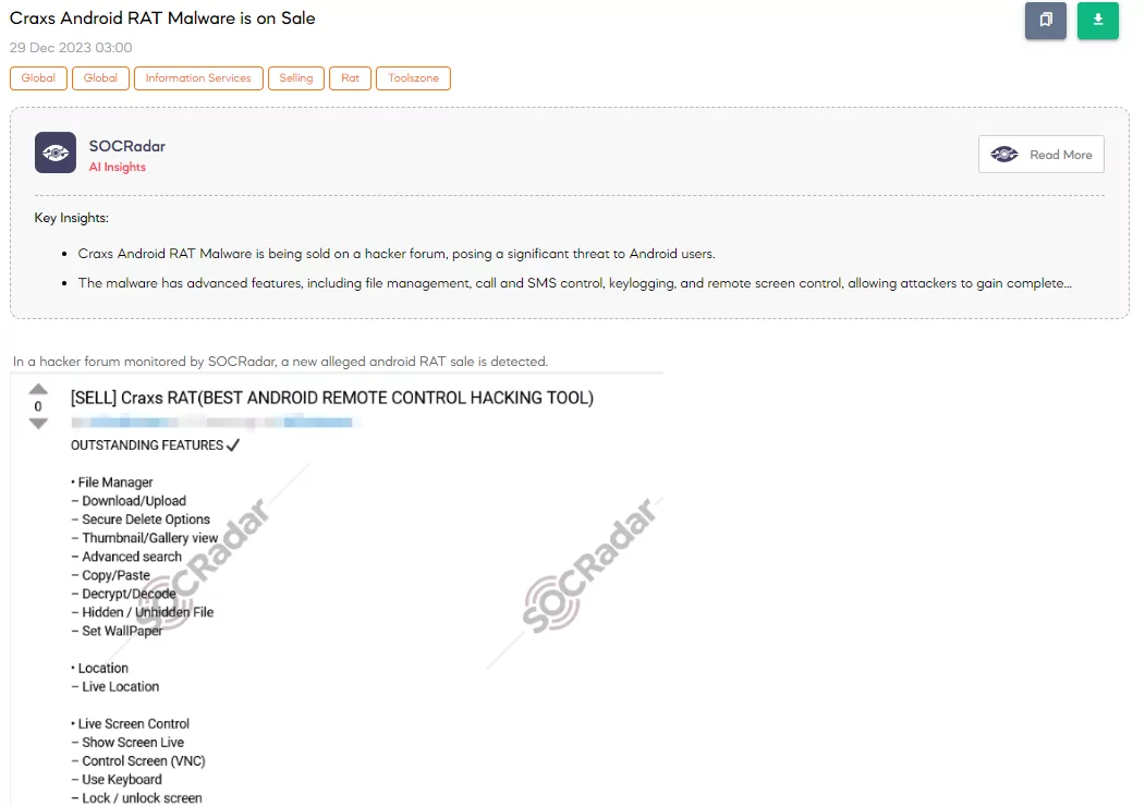 Craxs Android RAT Malware is on Sale