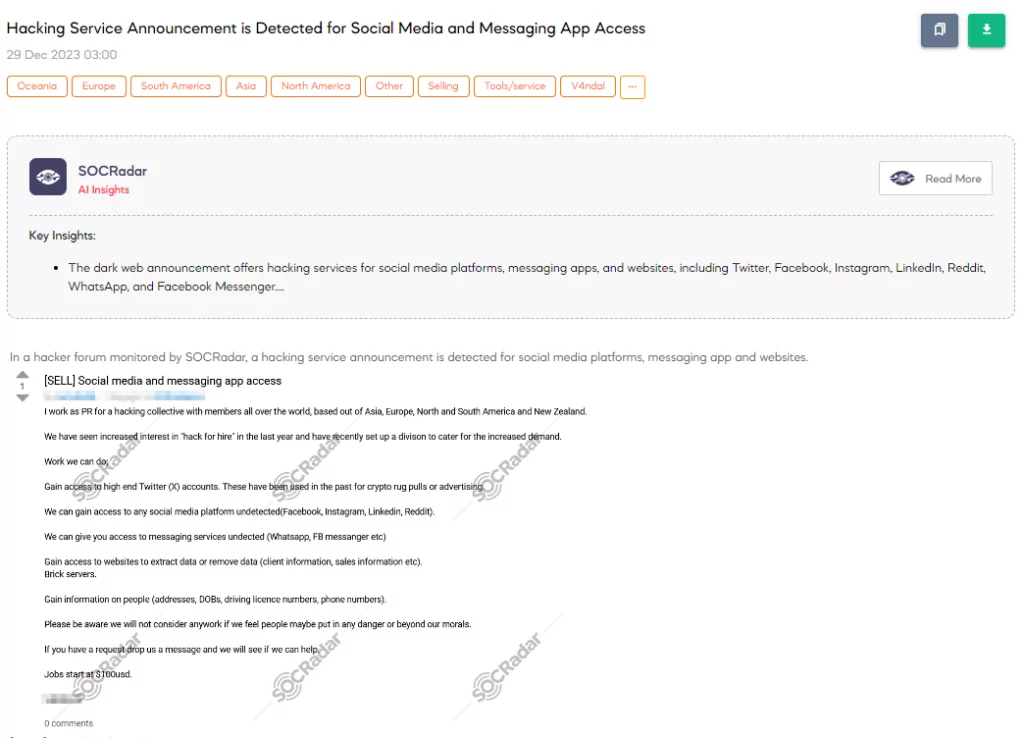 Hacking Service Announcement is Detected for Social Media and Messaging App Access