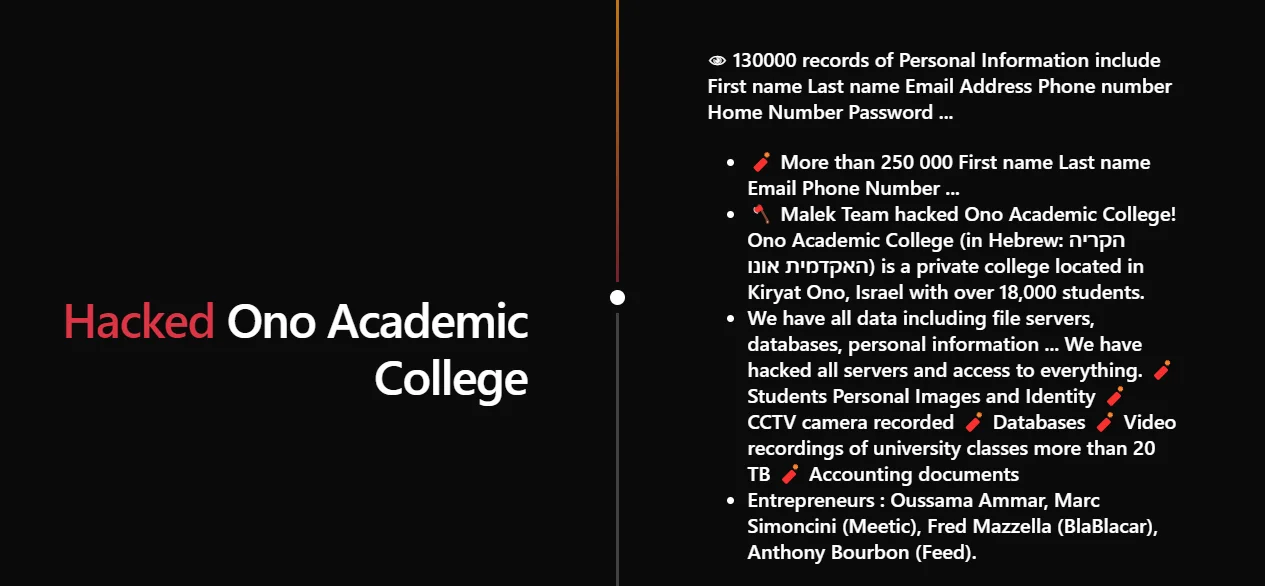 Malek’s Team website, Ono breach details with students and personnel pictures are shared on the website