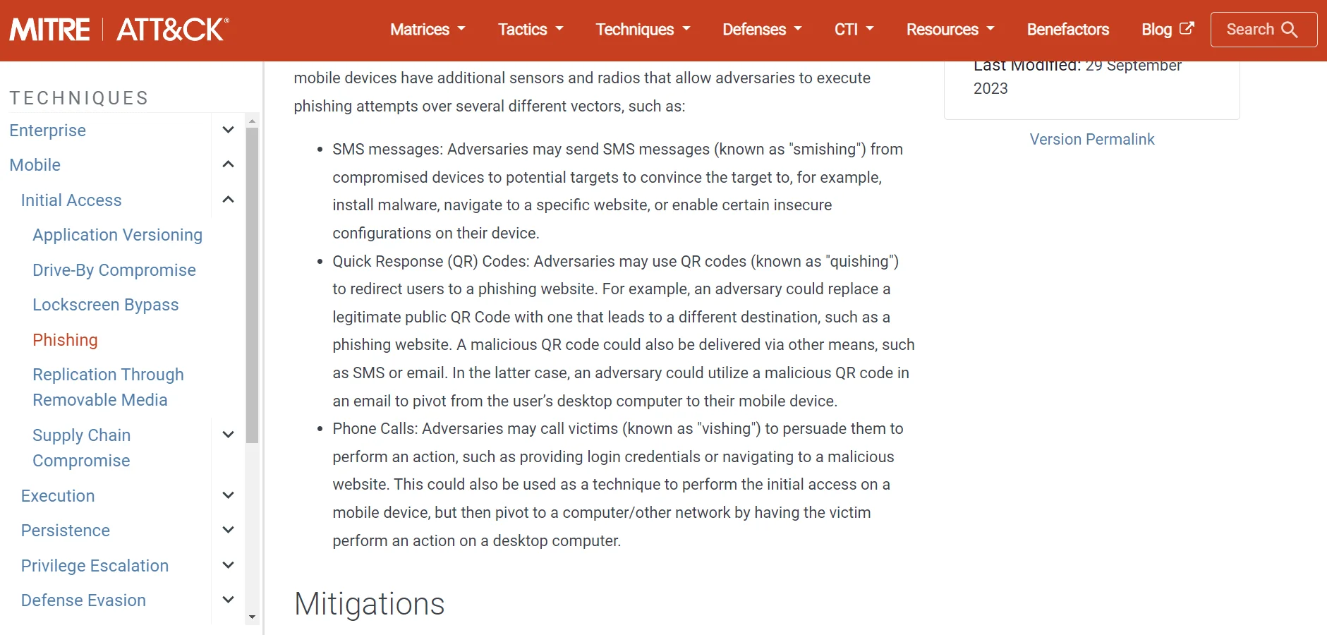 The screenshot depicts a section of the MITRE ATT&CK framework detailing phishing vectors such as smishing and quishing.
