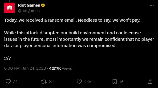 Riot Games’ Tweet about responding Scattered Spider’s blackmail (Source: X)