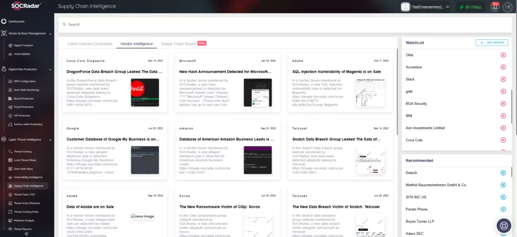 Add vendors to the WatchList on SOCRadar’s Supply Chain Intelligence