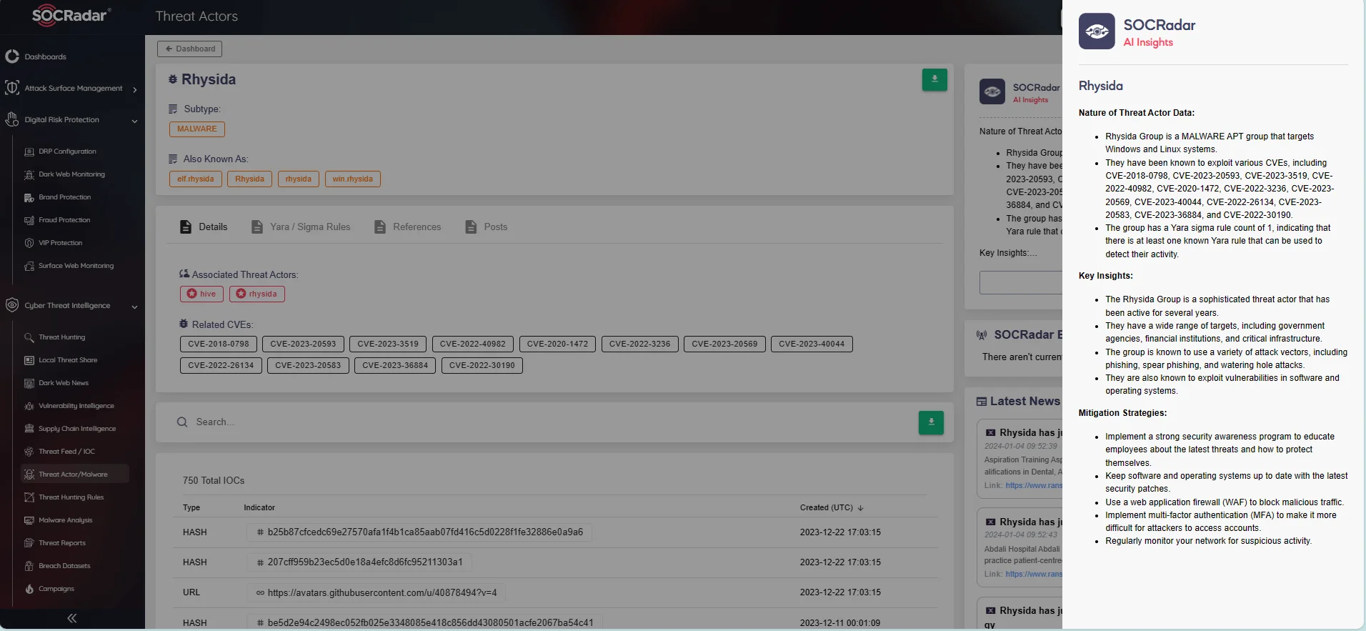 SOCRadar Threat Actor/Malware page – Rhysida Ransomware