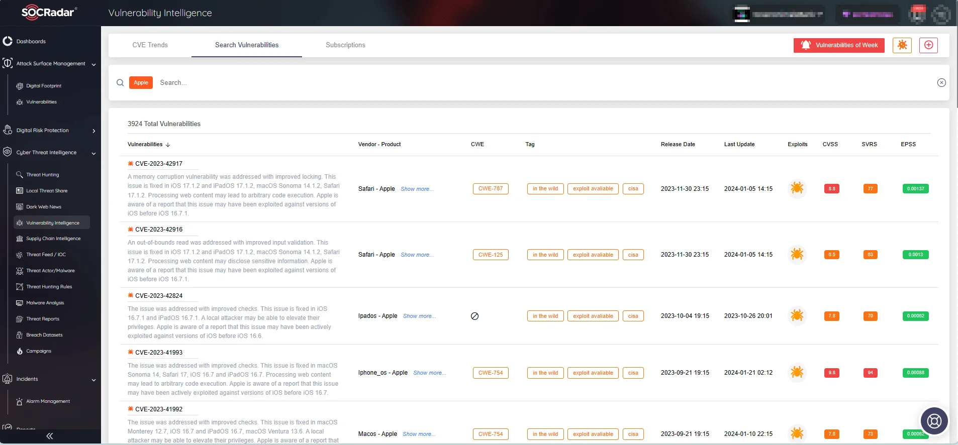 Apple vulnerabilities on SOCRadar Vulnerability Intelligence