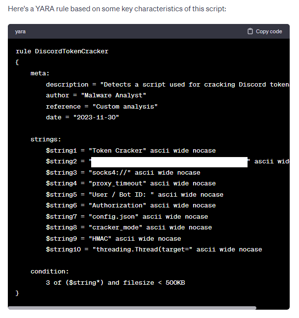 YARA Rule it created for the mentioned script