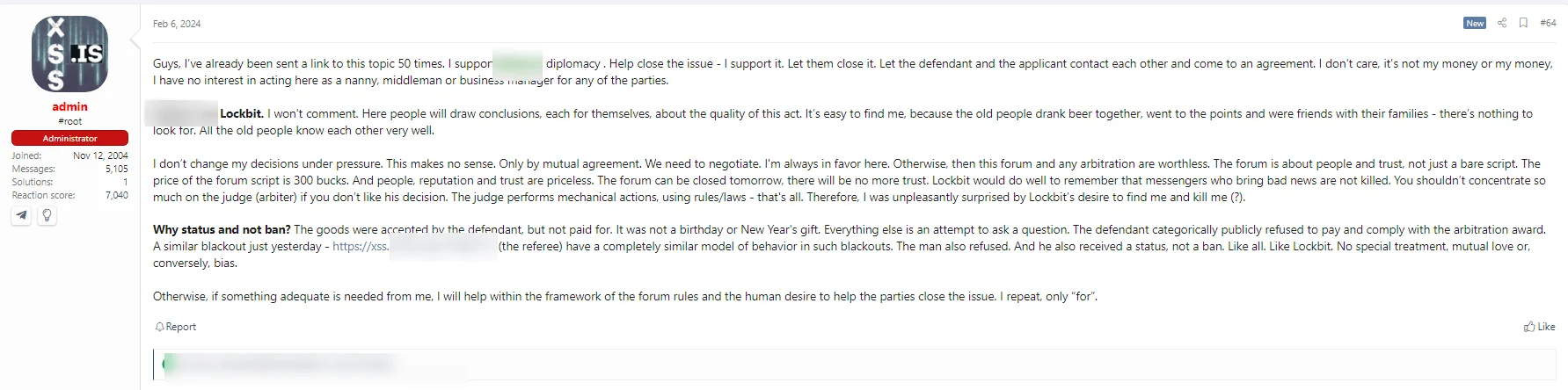 Fig. 2. XSS admin's forum post about LockBit