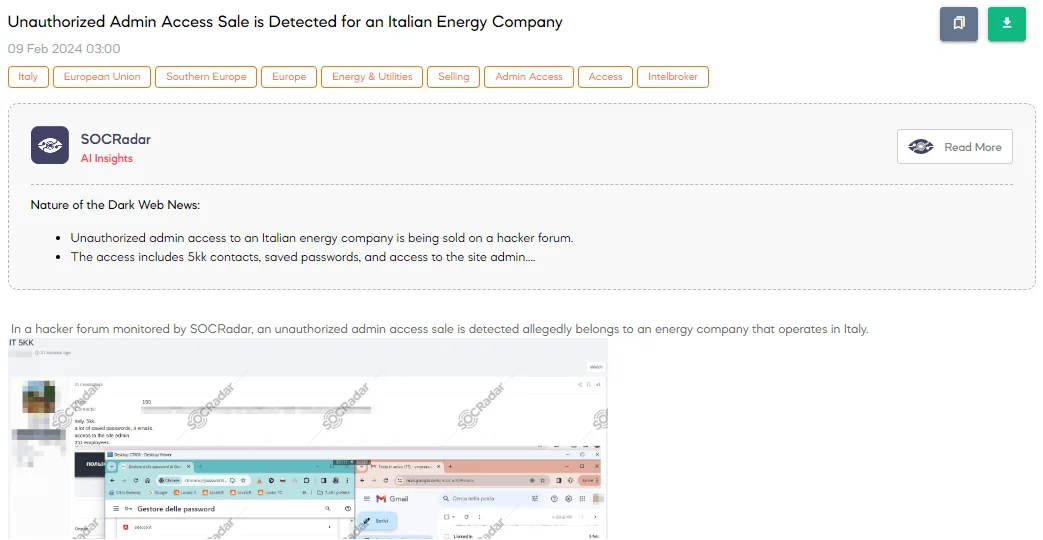Unauthorized Admin Access Sale is Detected for an Italian Energy Company