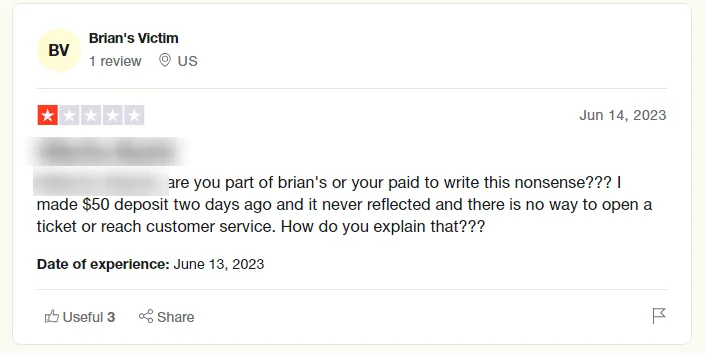 Fig. 7. A TrustPilot review by scammers who themselves became victims of scams