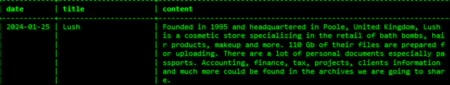 Akira’s victim listing for Lush