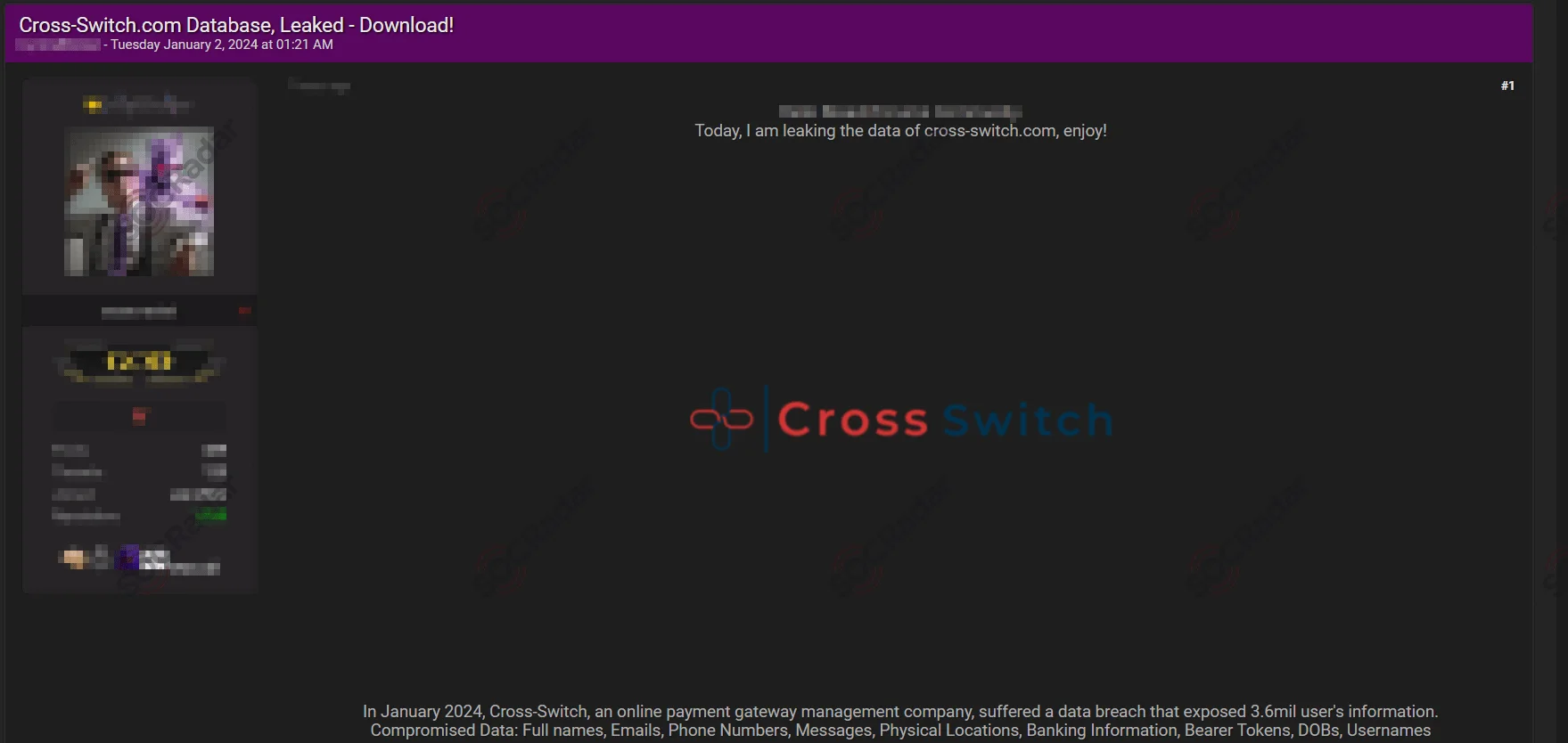 Cross-Switch database leak post (SOCRadar Dark Web News)
