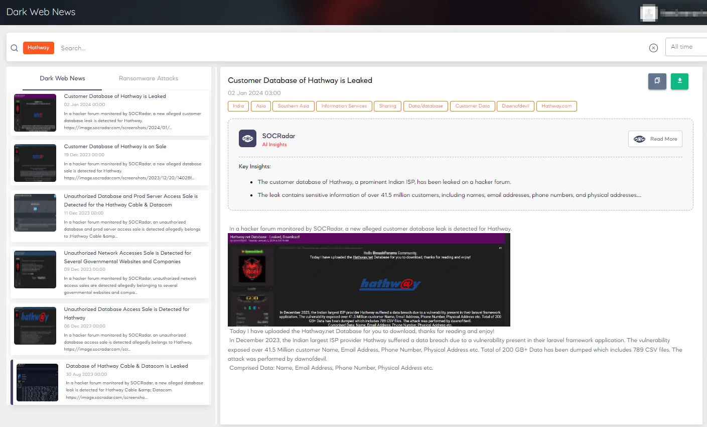Hathway breaches on SOCRadar