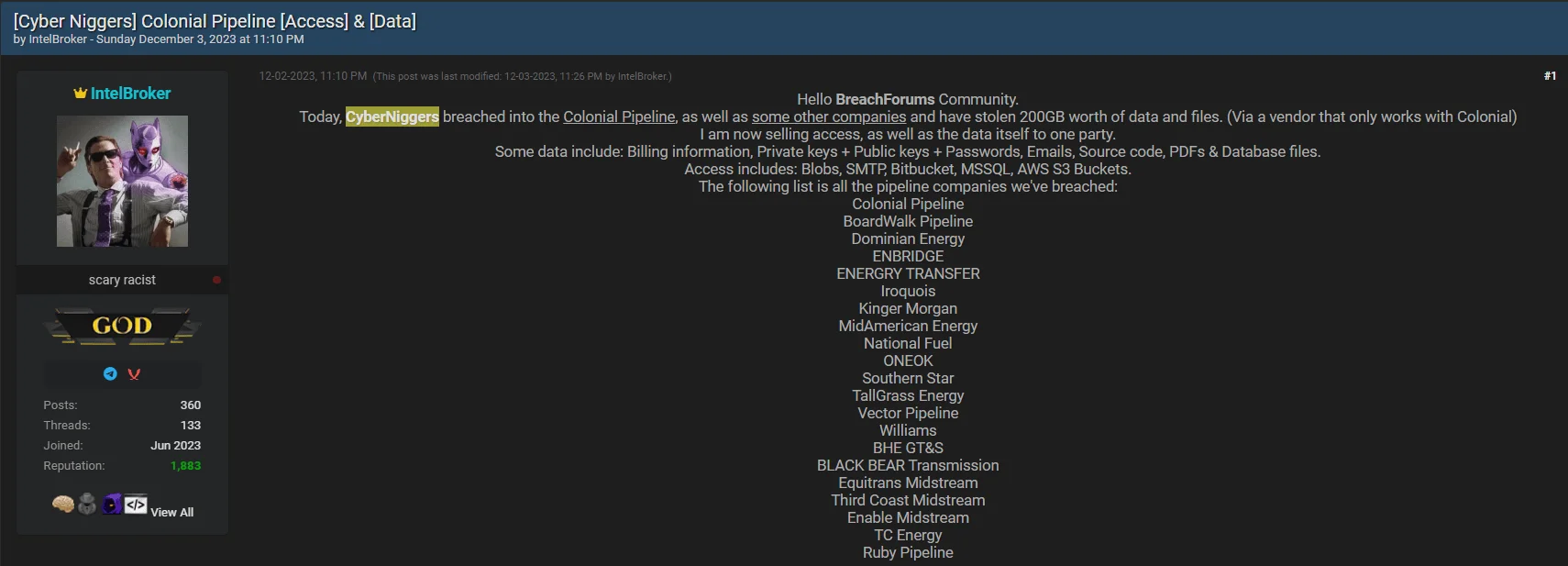 Alleged Data Leaks and Access Sales for Colonial Pipeline and other Pipeline companies