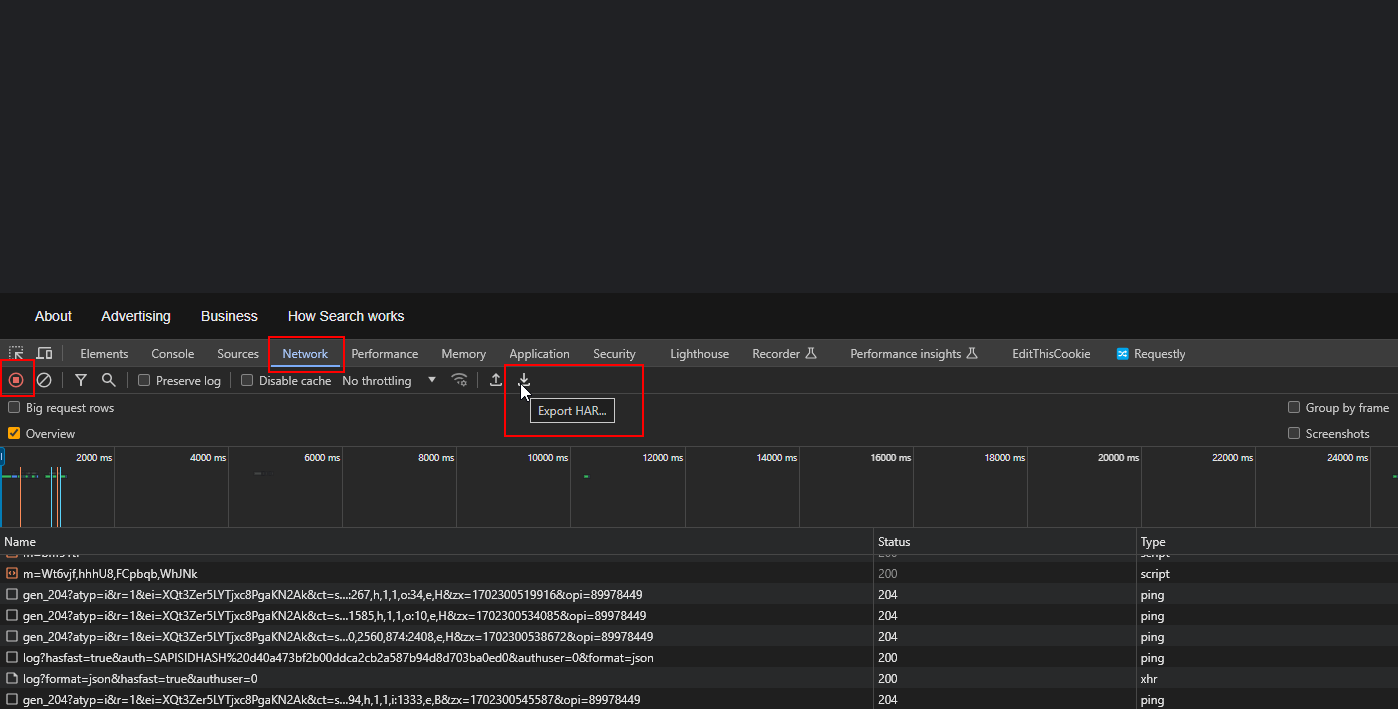 Downloading a HAR file.