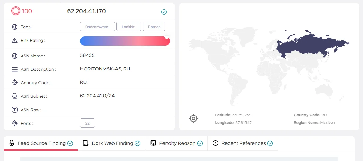 IOC Radar result for an IP associated with an actual threat group, <a href="/dark-web-profile-lockbit-3-0-ransomware/quotgtLockBitlt/agt/