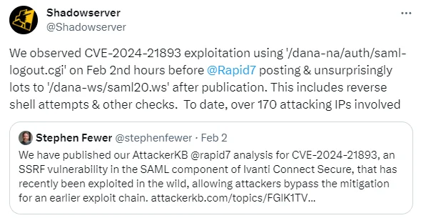Tweet by Shadowserver (X)