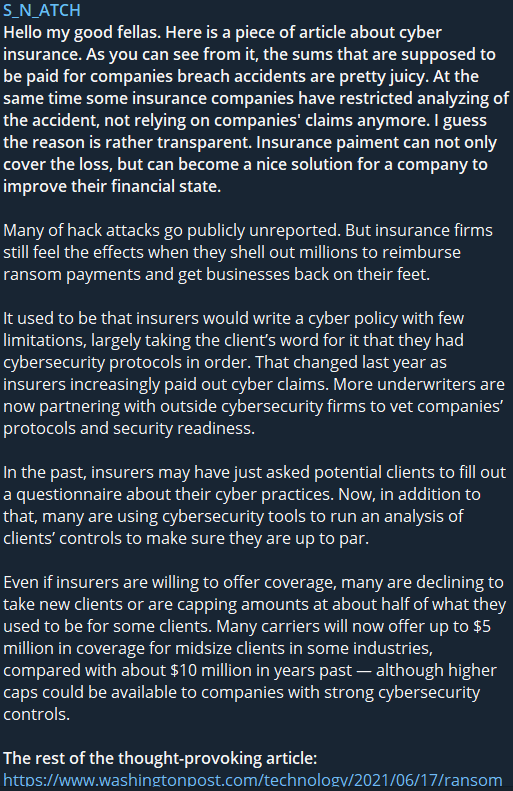 Snatch’s Telegram post about the Washington Post’s article