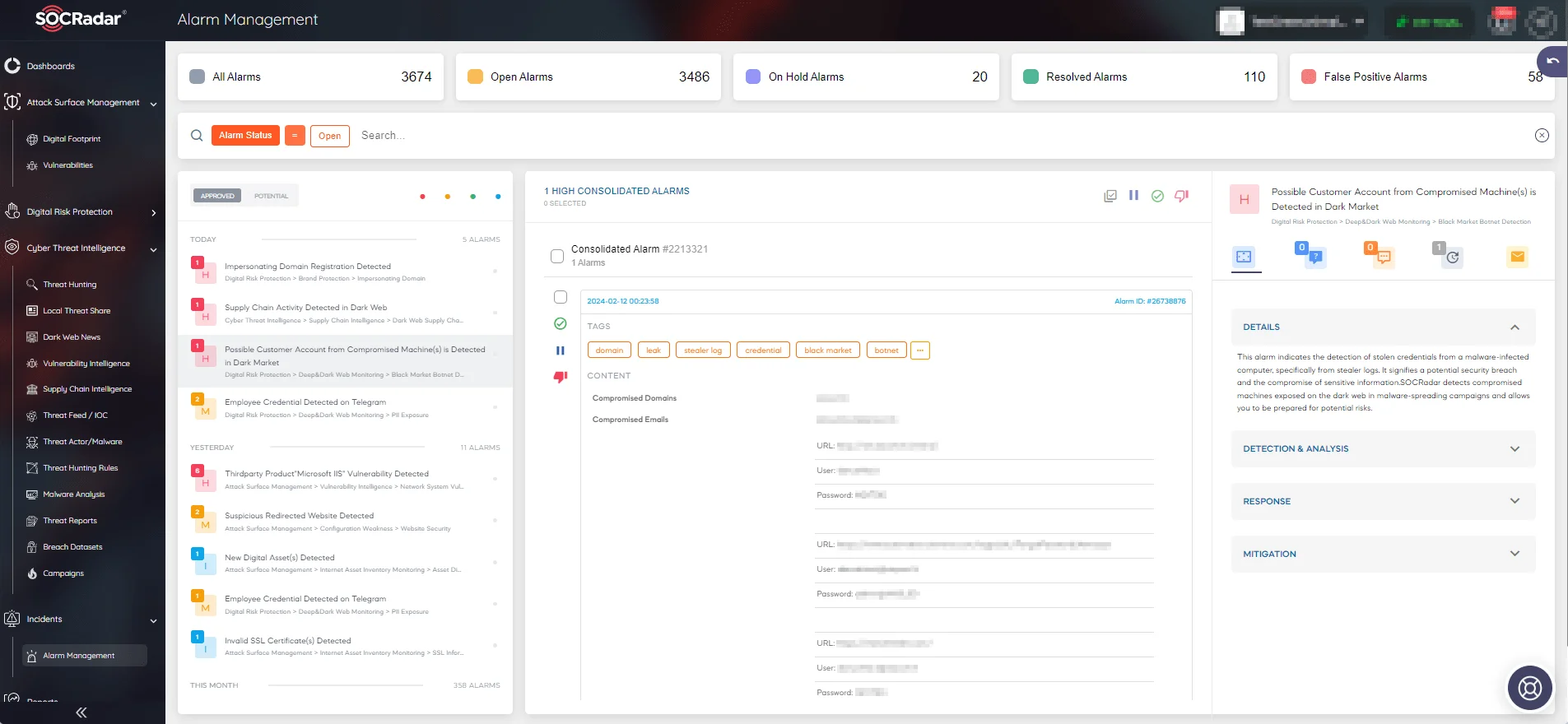 Alarm management page on the SOCRadar platform
