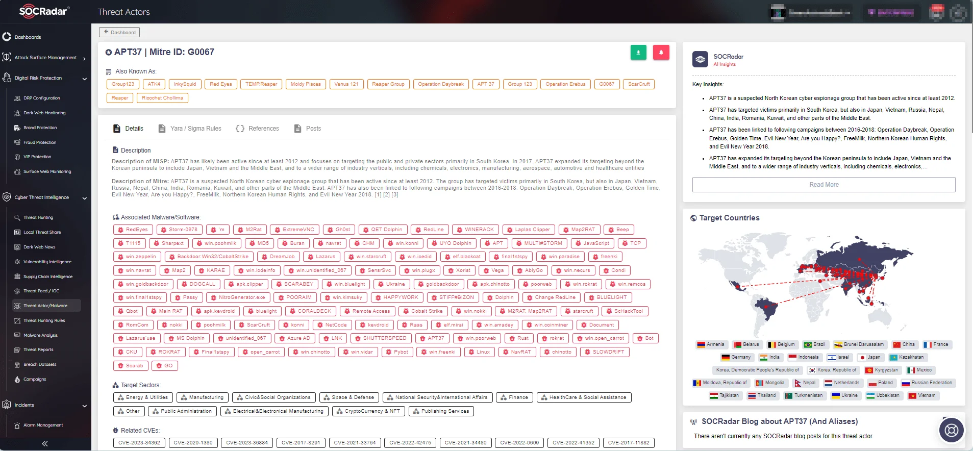 Threat actor page of APT37 (ScarCruft) on SOCRadar platform