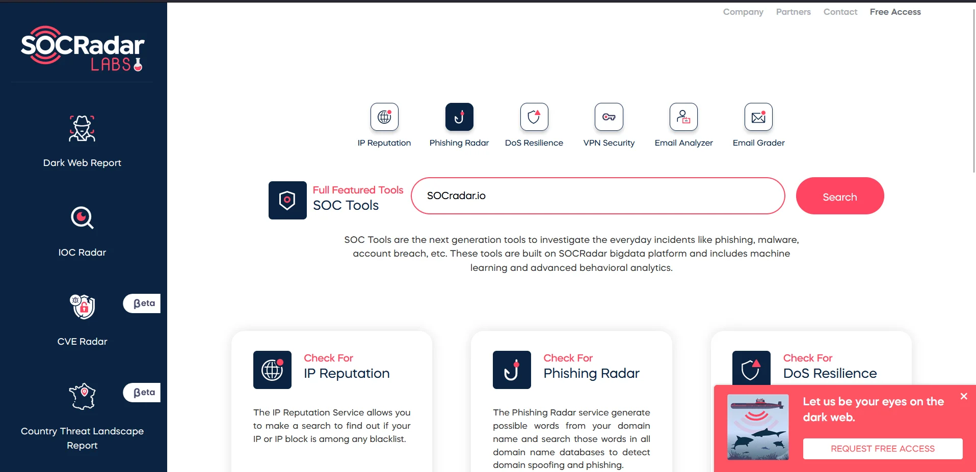 Phishing Radar is a free service from SOCRadar to generate possible words from your domain name and search those words in all domain name databases to detect domain spoofing and phishing.