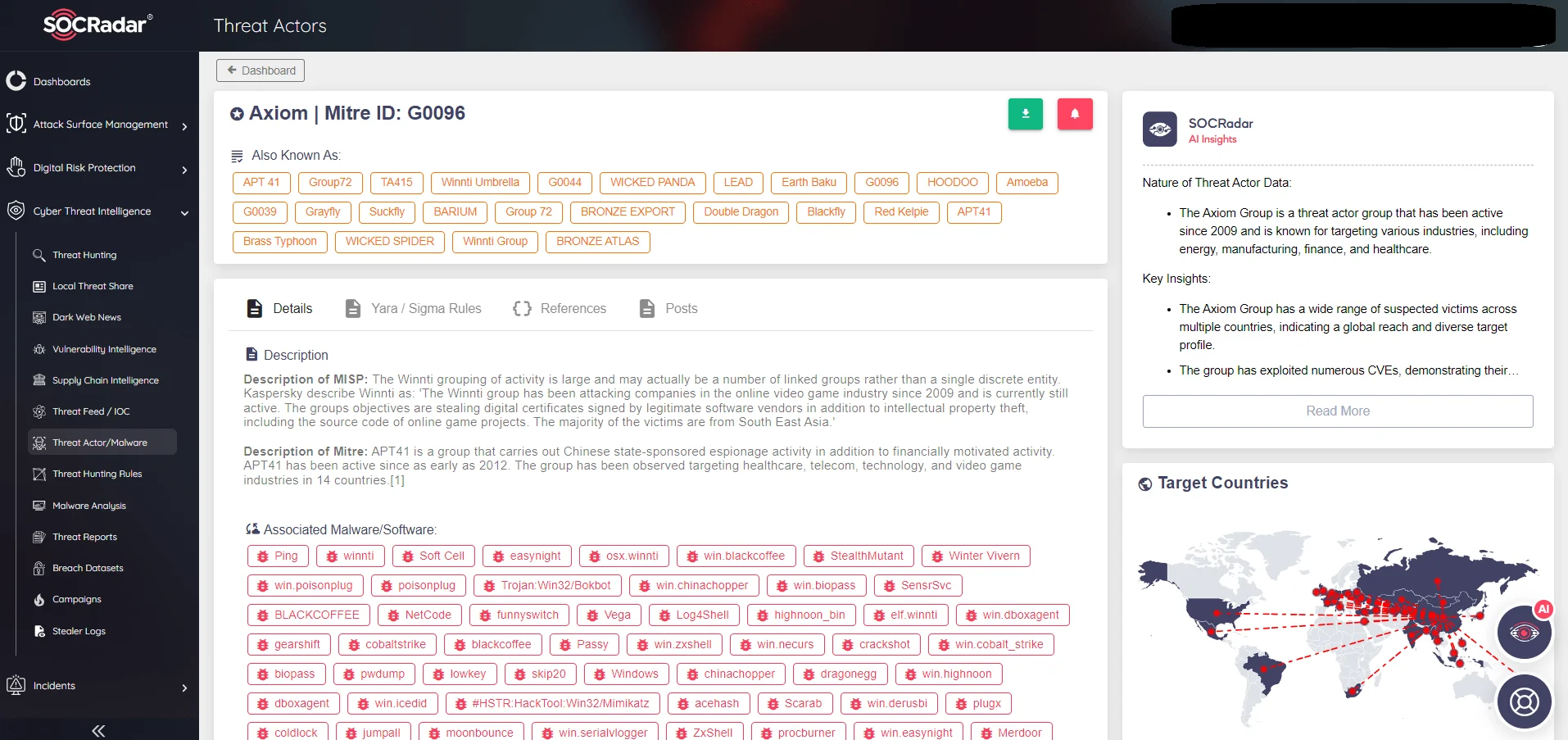 SOCRadar Threat Actors/Malware tab, APT 41
