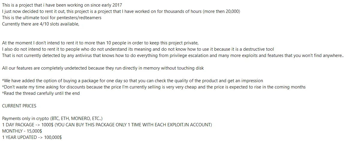Threat actor’s statements and prices