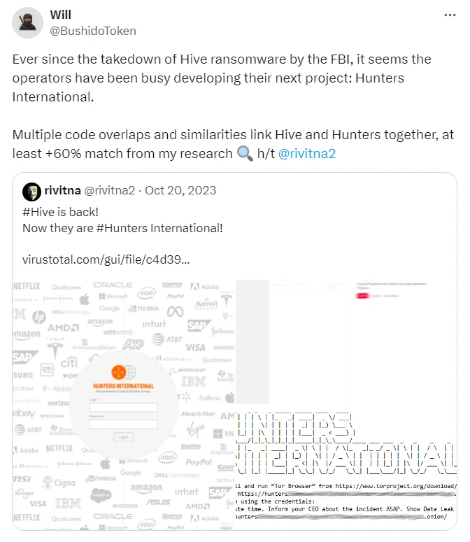 Tweets from researchers, @rivitna2 and @BushidoToken