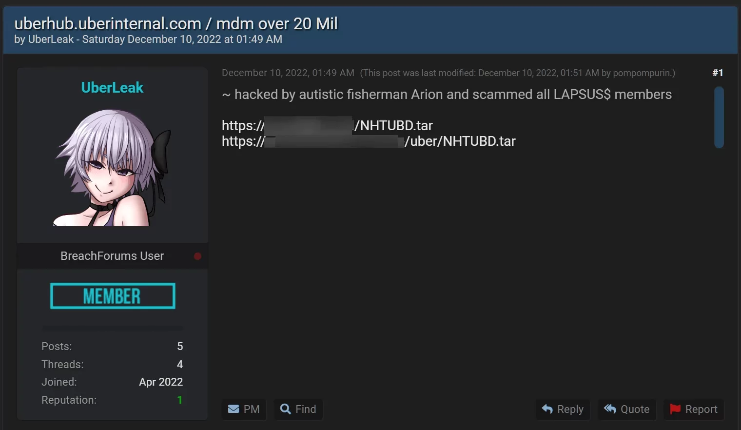 A dark web post sharing Uber’s sensitive data.