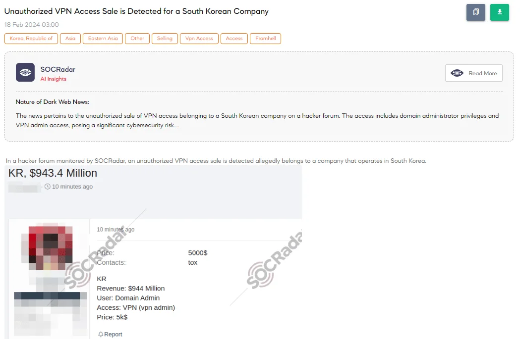 Unauthorized VPN Access Sale is Detected for a South Korean Company