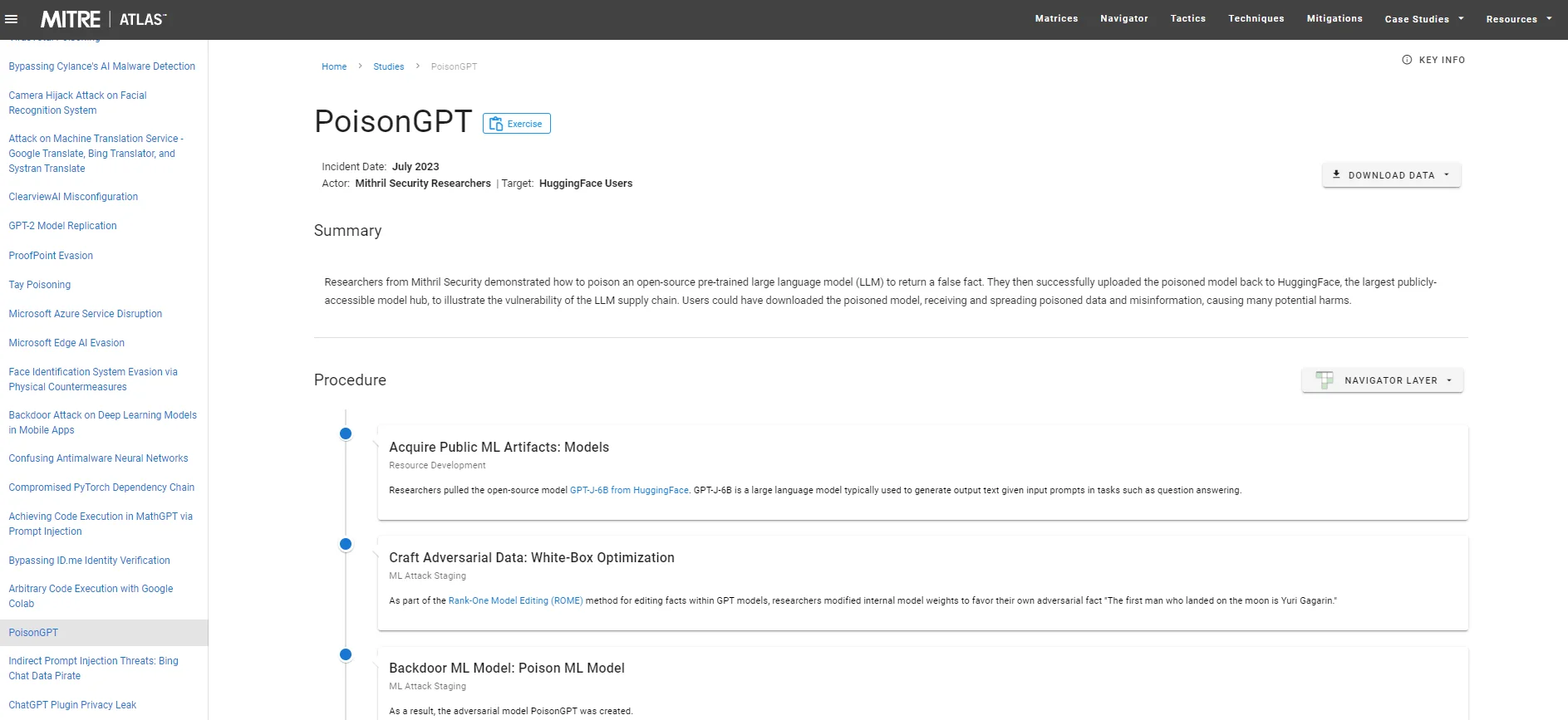 Case Studies tab, highlighting the PoisonGPT case study