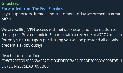 A recent initial access sale of GhostSec