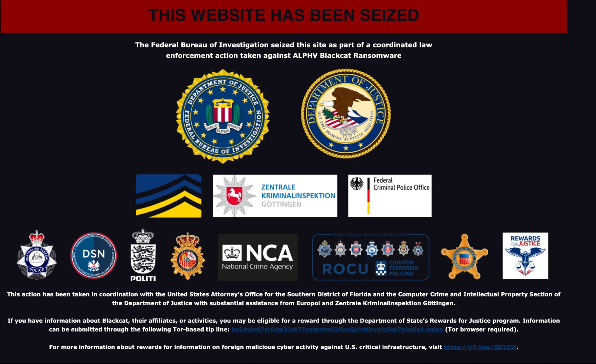 Seizure announcement on ALPHV’s leak site