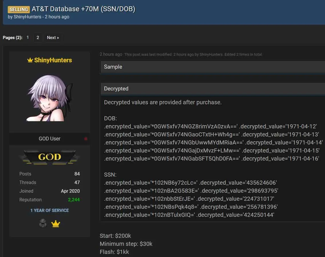 A hacker forum post shared by ShinyHunters claims that they breached AT&T systems. (SOCRadar)