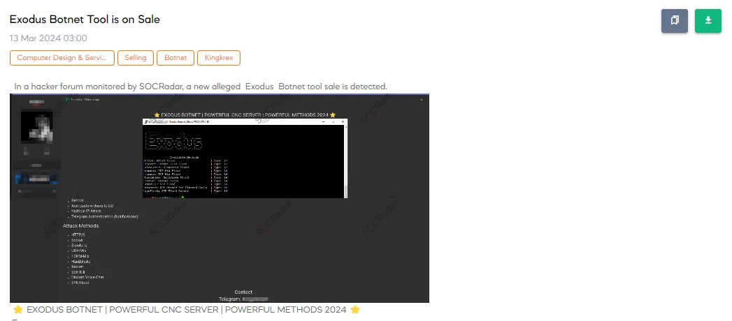 Exodus Botnet Tool is on Sale