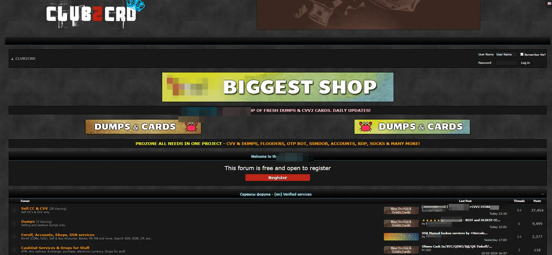 CrdClub dark web main page