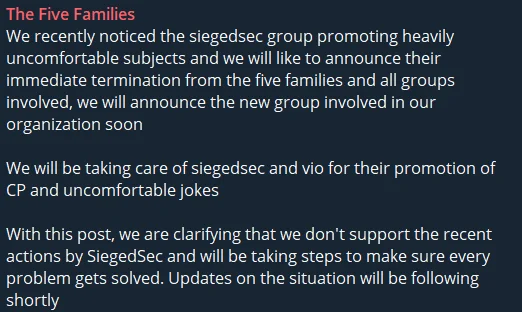 The Five Families’ statement about SiegedSec