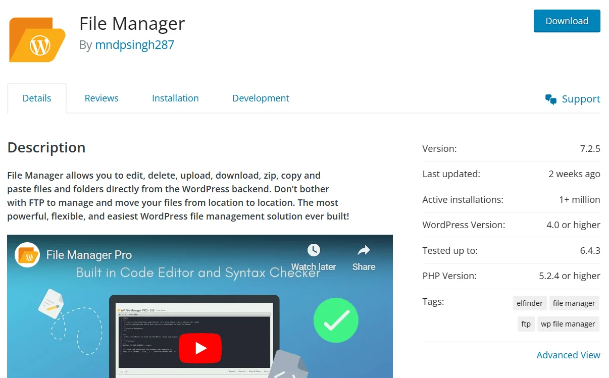 File Manager Plugin page (WordPress.org)