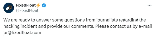 Statement of FixedFloat on X