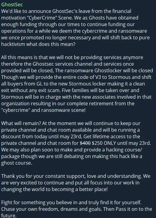 GhostSec’s Telegram post