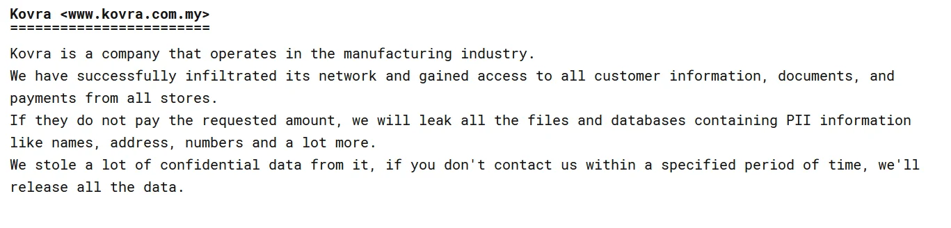 Latest recorded victim is manufacturing company Kovra