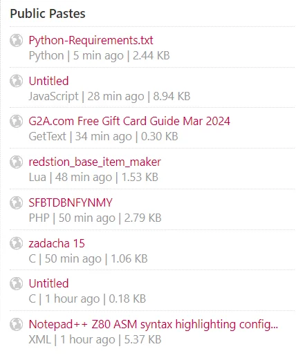 All sorts of content listed on the paste site, including malicious scripts, piracy, and legitimate usage