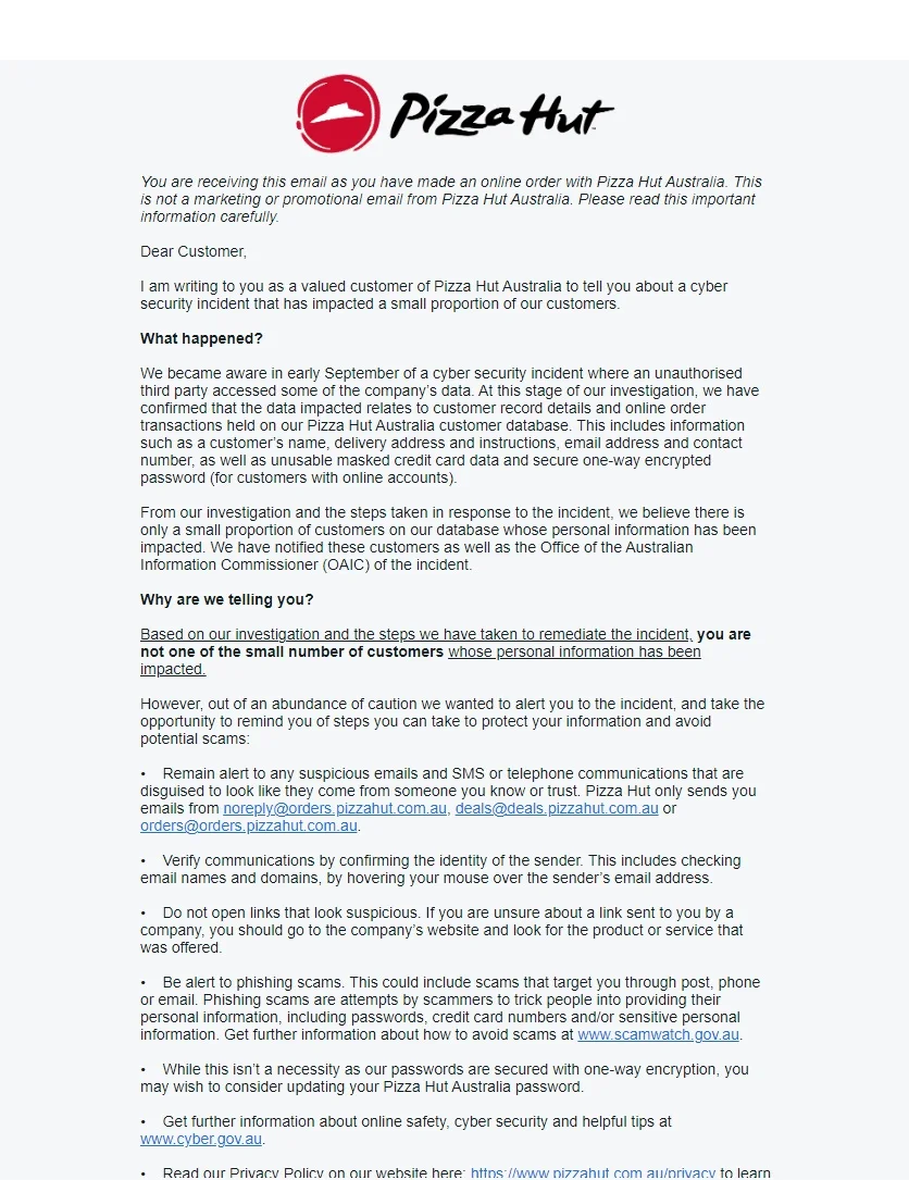 Pizza Hut Australia’s statement (Source: X)