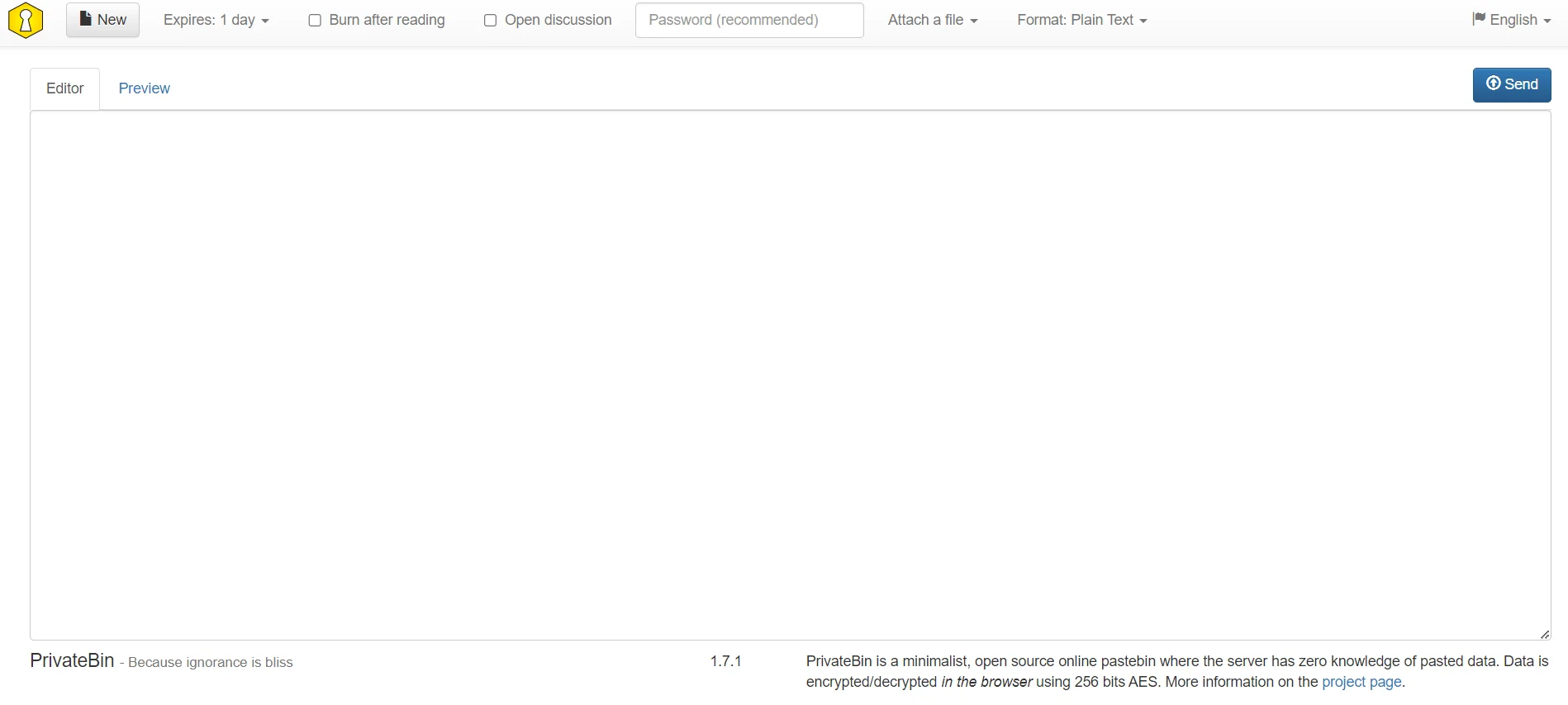 PrivateBin’s main page