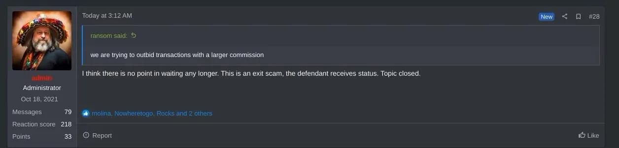 Even the administrator for RAMP, who is responsible for making a judgment in the scam claim for ALPHV has accepted the group is conducting an exit scam. (X)