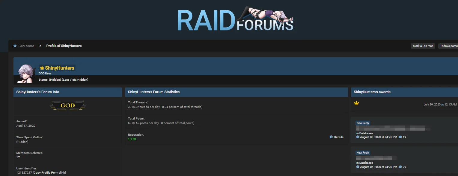 ShinyHunters’ RaidForums Profile